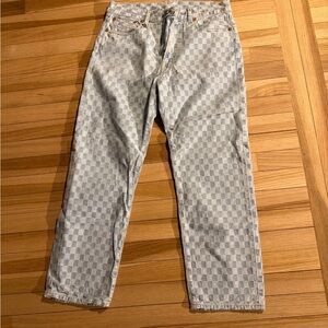 R13 Blue and White Checkered Straight Jeans